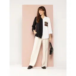 Qurvii Colourblocked Mandarin Collar Roll-Up Sleeves Crepe Shirt Style Longline Top-picture-19