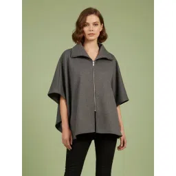 Qurvii Grey Solid Three-Quarter Sleeves Poncho Jacket-picture-17