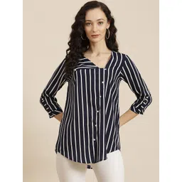 Qurvii Navy Blue & White Striped Crepe Regular Top-picture-28