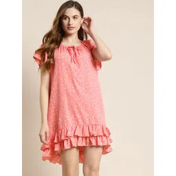 Qurvii Pink & White Floral Print Tie-Up Neck Shift Dress-picture-41