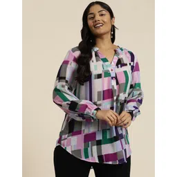 Qurvii+ Plus Size Geometric Print Mandarin Collar Georgette Shirt Style Longline Top-picture-29