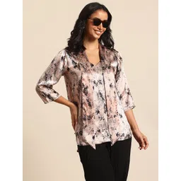 Qurvii Print Tie-Up Neck Satin Shirt Style Top-picture-17