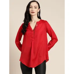 Qurvii Red Mandarin Collar Top with Half Embellished Placket-picture-22