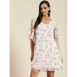 Qurvii White & Pink Floral Print A Line Dress-picture-43