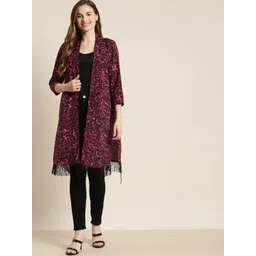 Qurvii Women Burgundy & Black Leopard Print Longline Shrug with Fringes-picture-21