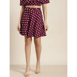 Qurvii Women Burgundy & White Polka Dots Printed A-Line Skirt-picture-15