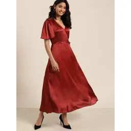 Qurvii Women Maroon Satin Finish Solid Maxi Wrap Dress-picture-14