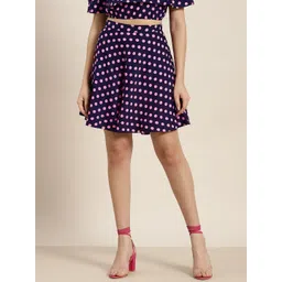 Qurvii Women Navy Blue & Pink Polka Dots Printed A-Line Skirt-picture-16