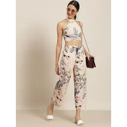 Qurvii Women Peach-Coloured & Black Floral Printed Cropped Palazzos image 3