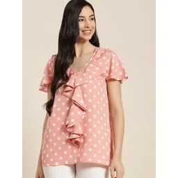 Qurvii Women Peach-Coloured & White Print Ruffles Top-picture-23