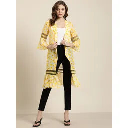 Qurvii Women Yellow & White Floral Printed Longline Shrug-picture-27