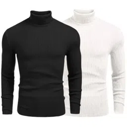 r arhan Men Solid Turtle Neck White, Black Sweater-picture-12