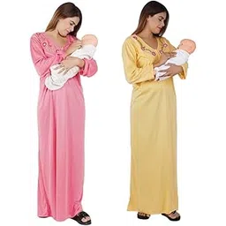 r rilo RILO Women's Hosiery Cotton, Nursing, Feeding, Maternity Nighty - Zip Opening at Bust - Before and After Baby Multipurpose Night Dress (Multicolored, Size - Large) 833 Pack of 2-picture-22