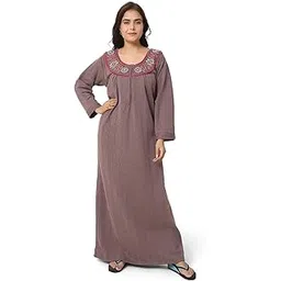 r rilo RILO Women's Woolen Winter Thermal Full Sleeve Embroidered Nighty with Pocket image 1