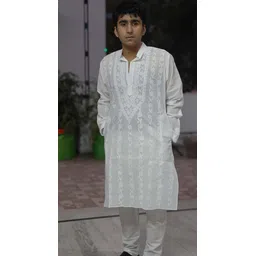 RAASA DRAPES Men Floral Regular Mukaish Chanderi Cotton Kurta with Trousers-picture-29