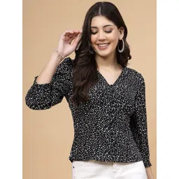 RAASSIO Polka Dot Printed V-Neck Pleated Crepe Shirt Style Top-picture-21
