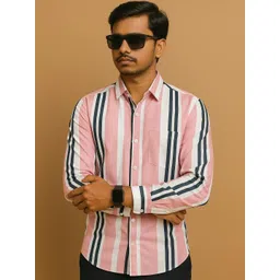 Raavi Men Comfort Fit Vertical Striped Spread Collar Cotton Casual Shirt image 1