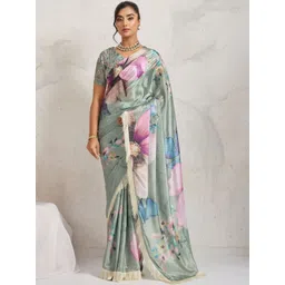 RACHNA Floral Printed Satin Embellished Lace Saree with Blouse Piece-picture-37