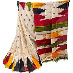 radha lakshmi Handicrafts Women's Hand Block Print Pure Soft Cotton Mulmul Saree White Multi Colour with Blouse Piece (ikkat JPS Green Red Black)-picture-40