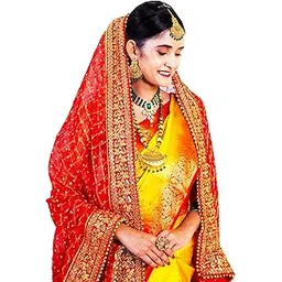 Red,Pink,Cream Women Heavy Bridal Dupatta for Wedding - Chunari With Velvet Lace For Bride Addition to Your Net Red, Pink Lehenga Saree Only III-image-21