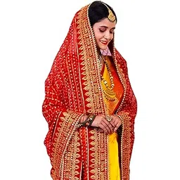 Women Heavy Bridal Dupatta for Wedding - Chunari With Velvet Lace For Bride Addition to Your Net Red, Pink Lehenga Saree Only 9-image-20