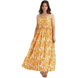 rafakha Latest Colorful Floral Print Sleeveless Gown | Anarkali Gown Women Women| Flit Flare Polycrepe Wear | Women's Half Sleeve Gown for Outing,Festive (Orange,XL)-picture-35