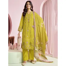 RAGHVENDRA TEXTILES Floral V-Neck Chanderi Silk Straight Kurta With Trousers & Dupatta-picture-0