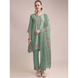 RAGHVENDRA TEXTILES Women Embroidered Linen Kurta with Trousers & Dupatta-picture-2