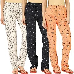 RAGINI Women's Cotton All Over Print Pajama Girl's Printed Cotton Pajama Pants, Casual Lounge Wear, Pack of 3, Floral Beige, Anchor Navy, Triangle Peach-picture-17