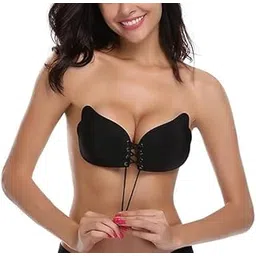 rahuzone Women's Lightly Padded Self Adhesive Strapless Bandage Underwire Backless Solid Invisible Stick Gel Silicone Push Up Underwear Bra-Free Size(Black)-picture-32