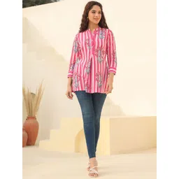 Rain & Rainbow Floral Printed Mandarin Collar Cotton A-Line Top-picture-28