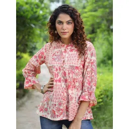 Rain & Rainbow Floral Printed Mandarin Collar Cotton Top-picture-32