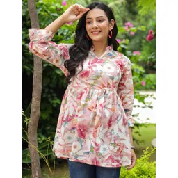 Rain & Rainbow Floral Printed Mandarin Collar Pure Cotton Kurti-picture-14