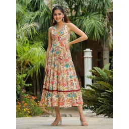 Rain & Rainbow Floral Printed Shoulder Straps Tiered Cotton Fit & Flare Midi Ethnic Dress-picture-28