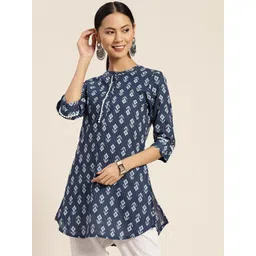 Rain & Rainbow Mandarin Collar Ethnic Motifs Printed Pure Cotton A-Line Kurti-picture-18