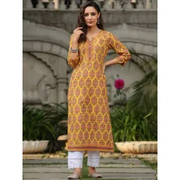 Rain and Rainbow Mustard Cotton Printed Straight Kurta-picture-24