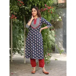 Rain and Rainbow Navy Cotton Printed Straight Kurta-picture-47
