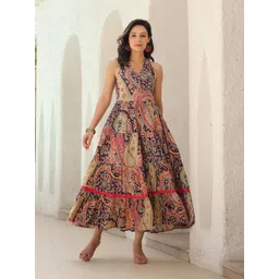Rain & Rainbow Paisley Printed Pure Cotton Fit & Flare Midi Ethnic Dress-picture-24