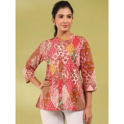 Rain and Rainbow Pink Cotton Printed A Line Short Kurti-picture-46