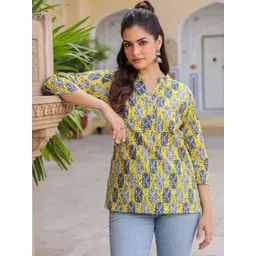 Rain & Rainbow Print Mandarin Collar Cotton Top-picture-26