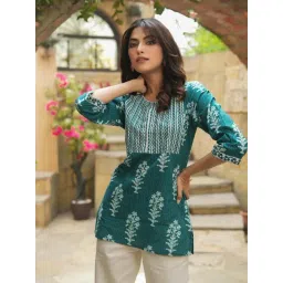 Rain and Rainbow Teal Green Cotton Embellished Straight Kurti-picture-48