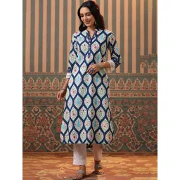 Rain & Rainbow Women Blue Ethnic Motifs Printed Cotton Kurta-picture-37