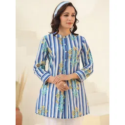 Rain & Rainbow Women Mandarin Collar Striped Pure Cotton Tunic-picture-11