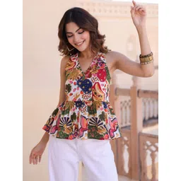 Rain & Rainbow Women Printed Cotton Sleeveless Peplum Top-picture-29