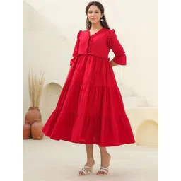 Rain & Rainbow Women Puff Sleeves Ruffled Cotton A-Line Midi Dress-picture-26