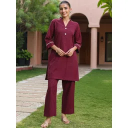 Rain & Rainbow Women Solid Mandarin collar Tunic with Trousers set-picture-36