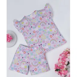 RAINE AND JAINE Cotton Knit Cap Sleeves Hearts & Floral Printed Coordinating Tee & Shorts Set - Purple-picture-35