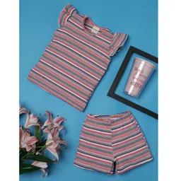 RAINE AND JAINE Cotton Knit Cap Sleeves Striped Coordinating Tee & Shorts Set - Multi Colour-picture-27