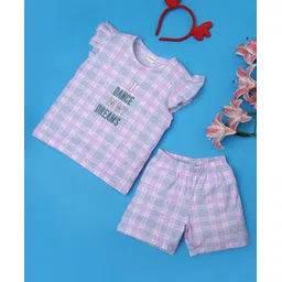 RAINE AND JAINE Cotton Knit Frill Sleeves I Dance In My Dreams Text Printed & Checked Coordinating Night Suit Set - Purple-picture-37