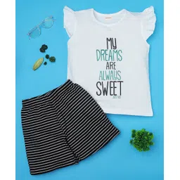 RAINE AND JAINE Cotton Knit Frill Sleeves My Dreams Are Always Sweet Justice Text Printed Night Suit Set - White & Black-picture-15